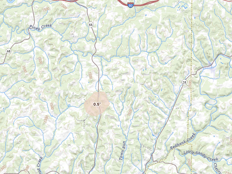 Radar-estimated hail-size map of the storm over Fairmount City, PA on May 13, 2026