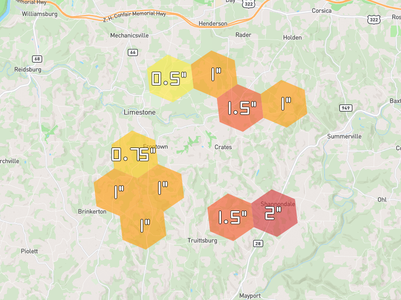 Hail map of Fairmount City, PA on Jul 4, 2026, hail up to 2"