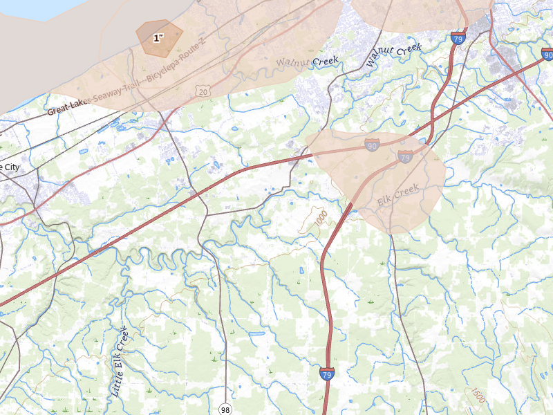 Radar-estimated hail-size map of the storm over Fairview, PA on Jul 21, 2026
