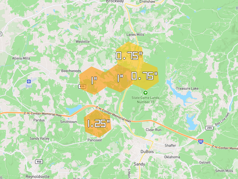Hail map of Falls Creek, PA on Jul 4, 2026, hail up to 1.25"