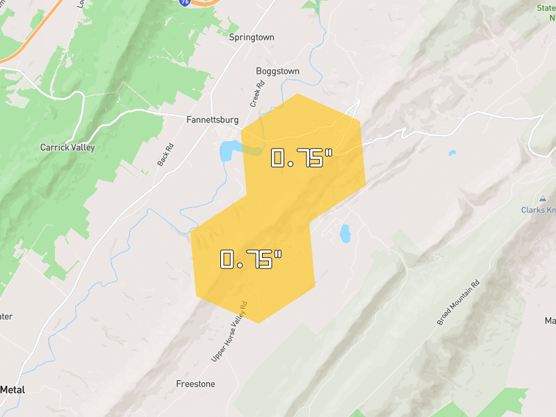 Hail map of Fannettsburg, PA on Jul 6, 2026, hail up to 0.75"