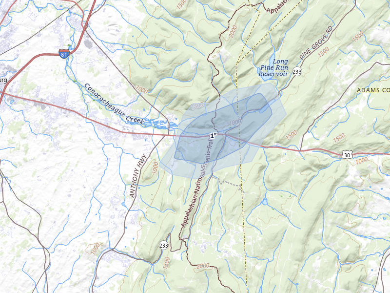 NEXRAD radar-signature map of the hail over Fayetteville, PA