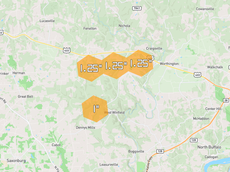 Hail map of Fenelton, PA on Jul 4, 2026, hail up to 1.25"