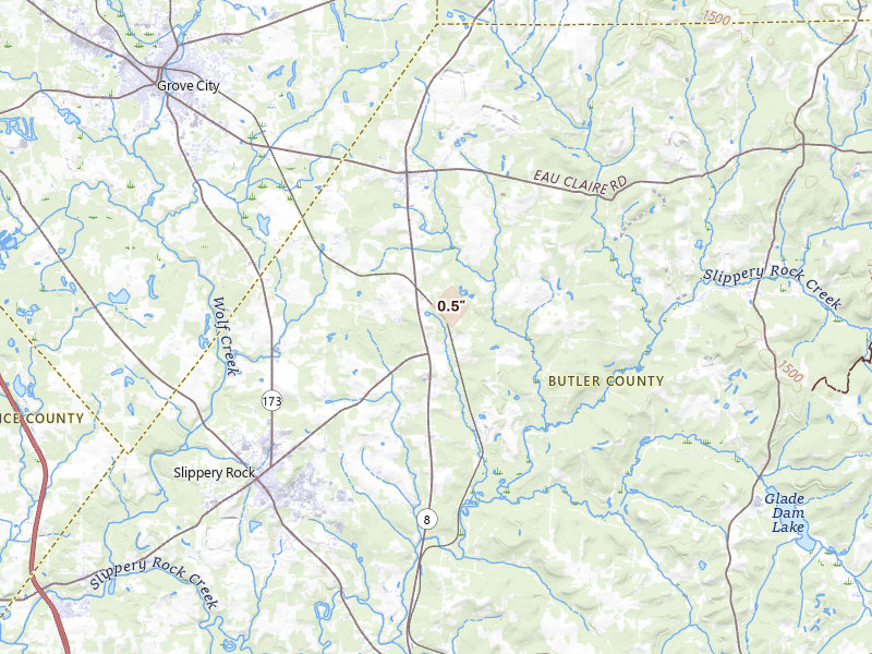 Radar-estimated hail-size map of the storm over Forestville, PA on Jun 20, 2026