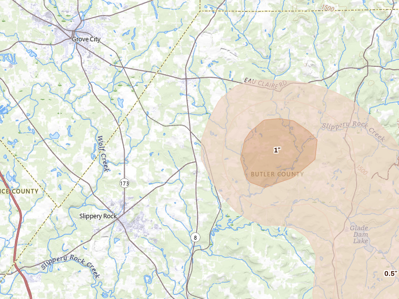 Radar-estimated hail-size map of the storm over Forestville, PA on Jul 3, 2026