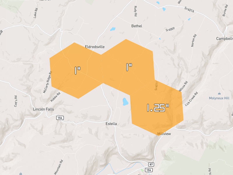 Hail map of Forksville, PA on Jul 3, 2026, hail up to 1.25"