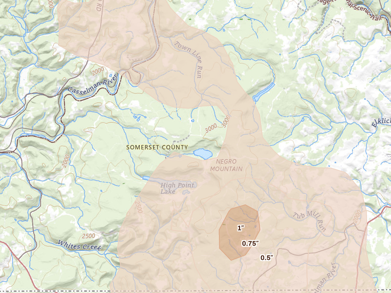 Radar-estimated hail-size map of the storm over Fort Hill, PA on Aug 10, 2026