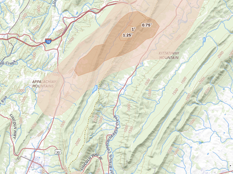 Radar-estimated hail-size map of the storm over Fort Loudon, PA on Aug 27, 2026