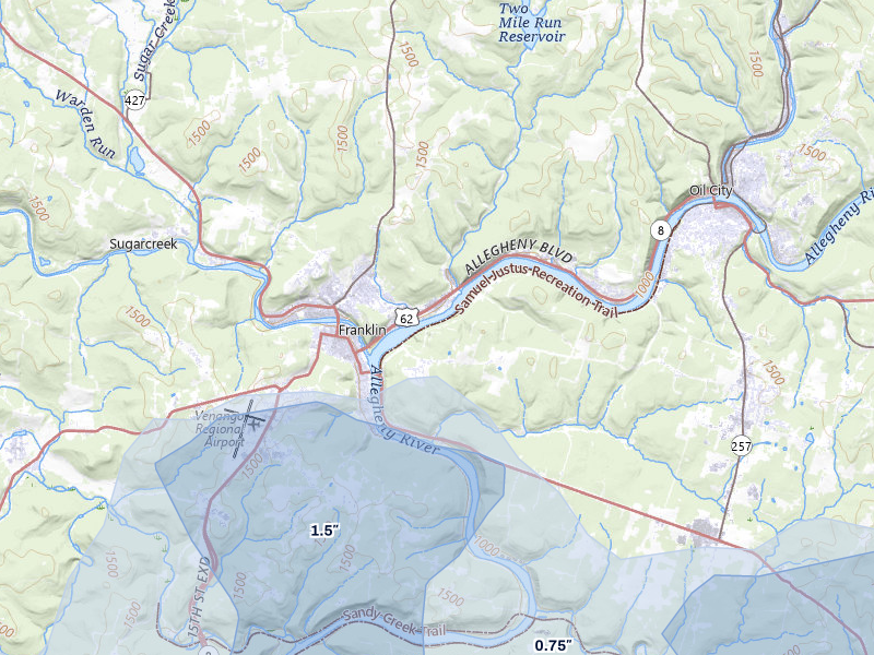 NEXRAD radar-signature map of the hail storm over Franklin, PA on Jul 3, 2026