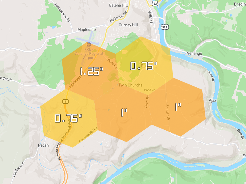 Hail map of Franklin, PA on Jul 3, 2026, hail up to 1.25"
