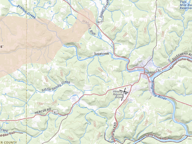 Radar-estimated hail-size map of the storm over Franklin, PA on Aug 22, 2026