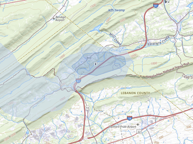 NEXRAD radar-signature map of the hail storm over Fredericksburg, PA on Jun 6, 2026