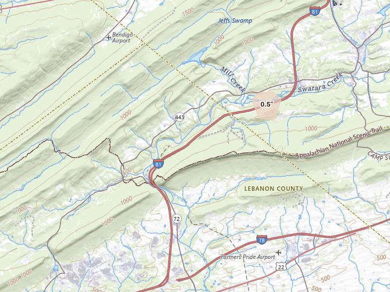 Radar-estimated hail-size map of the storm over Fredericksburg, PA on Aug 7, 2026