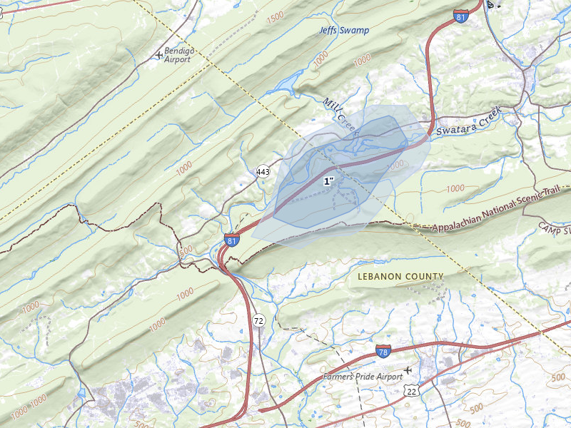 NEXRAD radar-signature map of the hail storm over Fredericksburg, PA on Aug 7, 2026