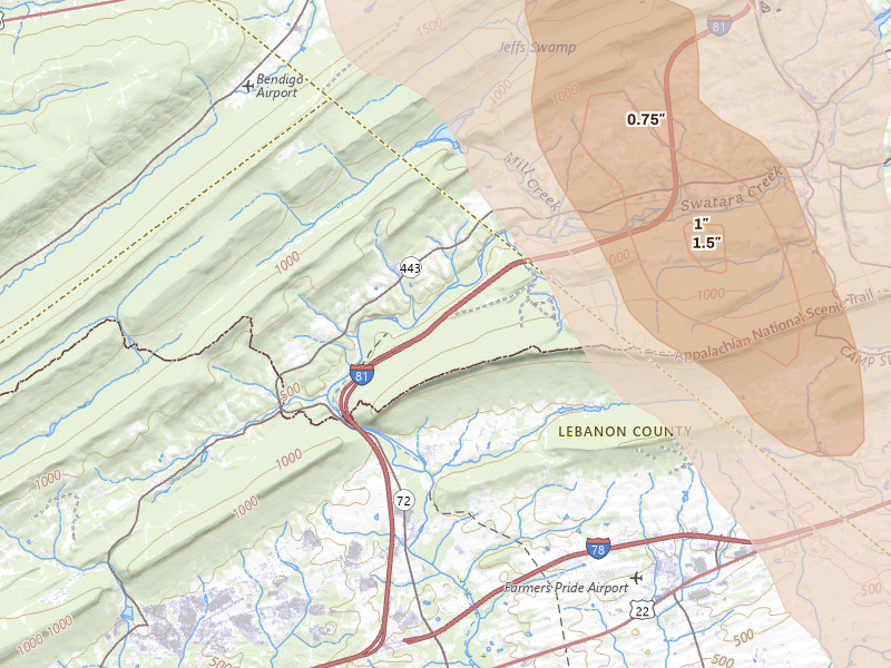Radar-estimated hail-size map of the storm over Fredericksburg, PA on Sep 1, 2026