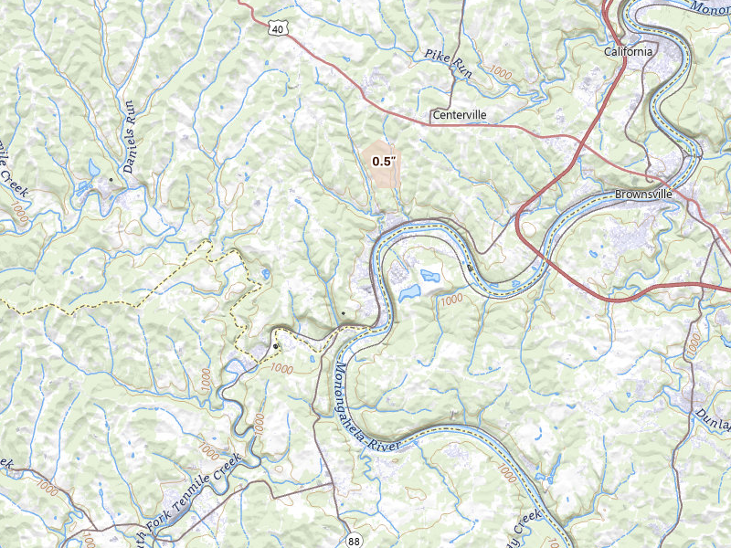 Radar-estimated hail-size map of the storm over Fredericktown, PA