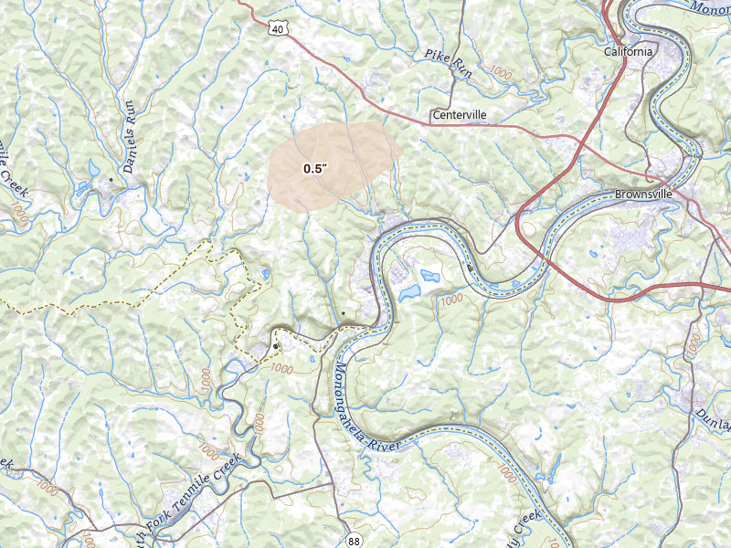 Radar-estimated hail-size map of the storm over Fredericktown, PA on Jul 4, 2026