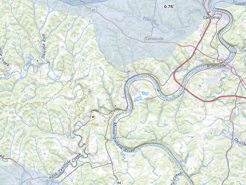 NEXRAD radar-signature map of the hail over Fredericktown, PA