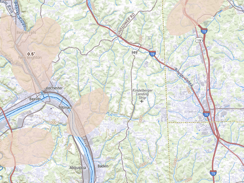 Radar-estimated hail-size map of the storm over Freedom, PA on Jul 4, 2026
