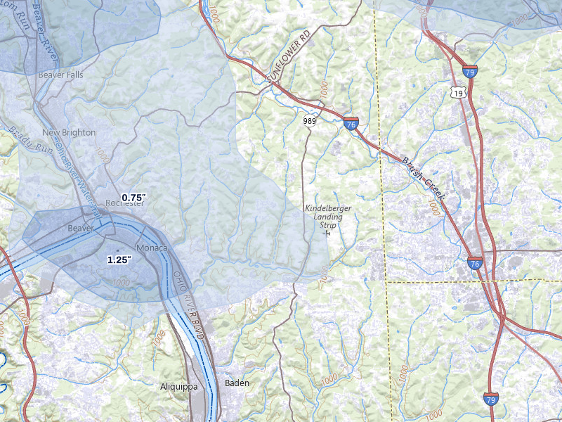 NEXRAD radar-signature map of the hail over Freedom, PA