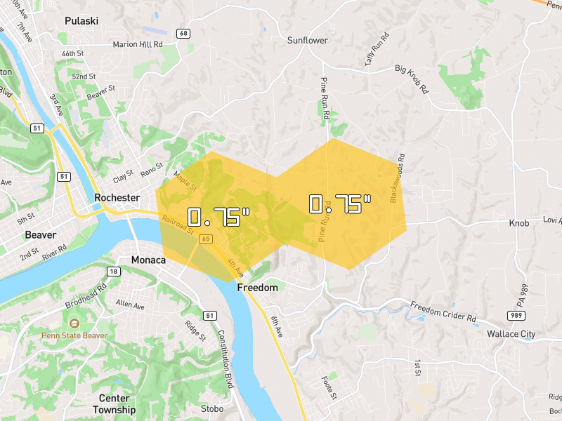 Hail map of Freedom, PA on Jul 4, 2026, hail up to 0.75"