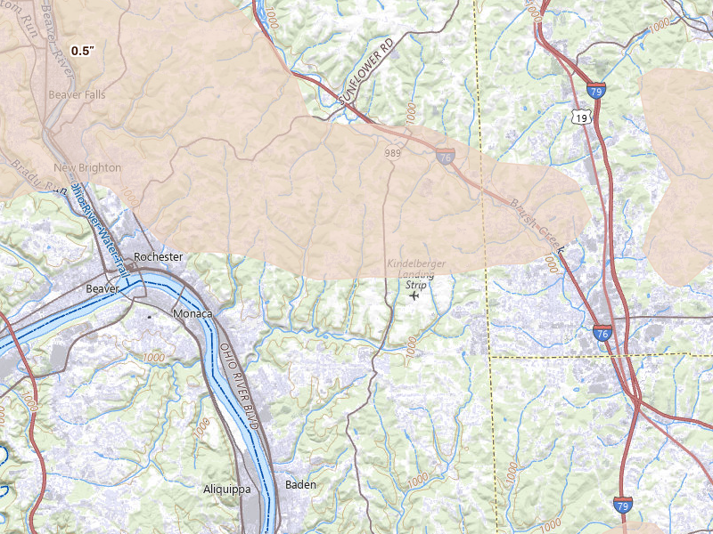 Radar-estimated hail-size map of the storm over Freedom, PA on Sep 3, 2026