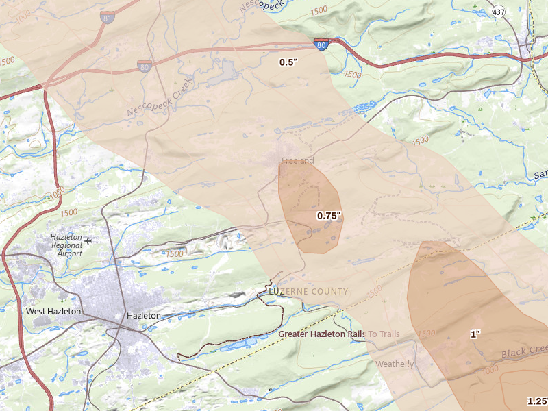 Radar-estimated hail-size map of the storm over Freeland, PA