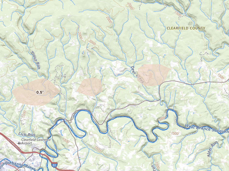 Radar-estimated hail-size map of the storm over Frenchville, PA on Jun 14, 2026