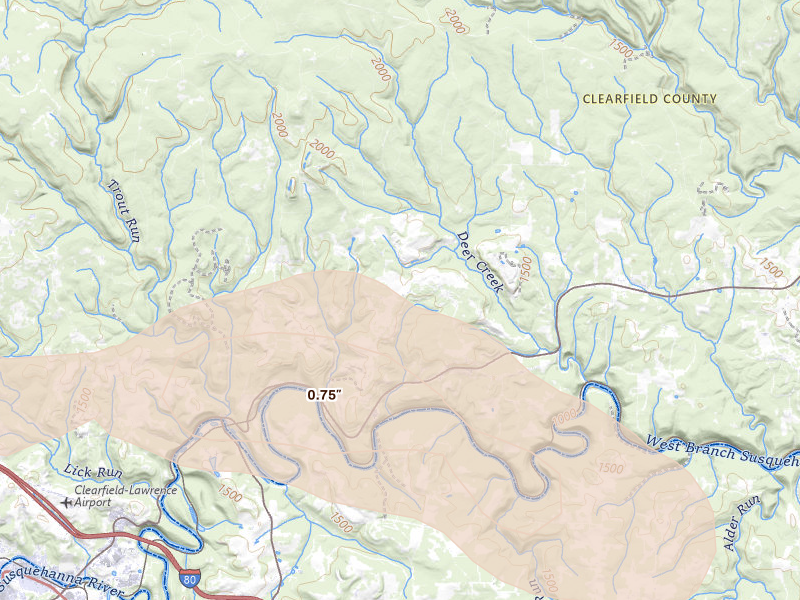 Radar-estimated hail-size map of the storm over Frenchville, PA on Jul 3, 2026