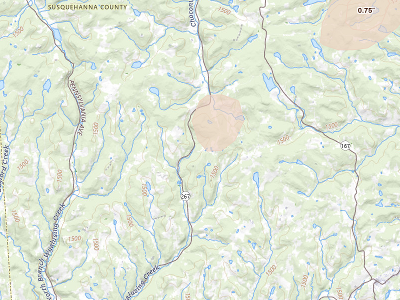 Radar-estimated hail-size map of the storm over Friendsville, PA on Aug 7, 2026