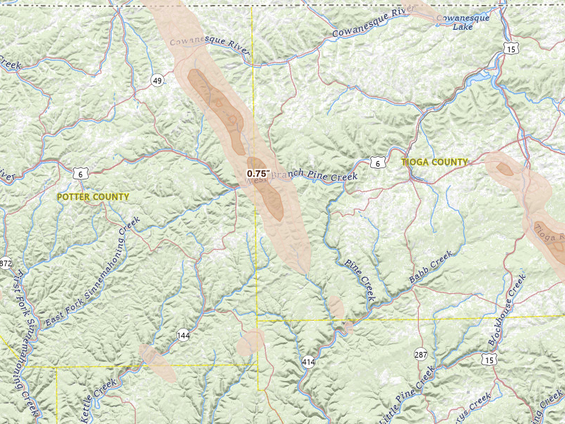 Radar-estimated hail-size map of the storm over Gaines, PA on Sep 1, 2026