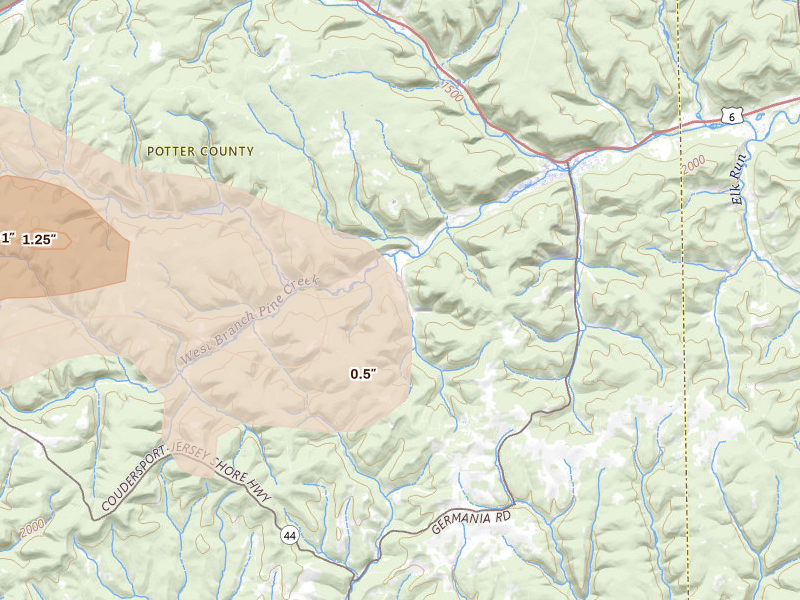 Radar-estimated hail-size map of the storm over Galeton, PA on Jul 4, 2026