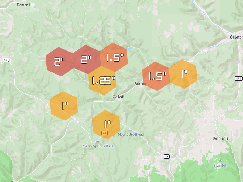 Hail map of Galeton, PA on Jul 4, 2026, hail up to 2"