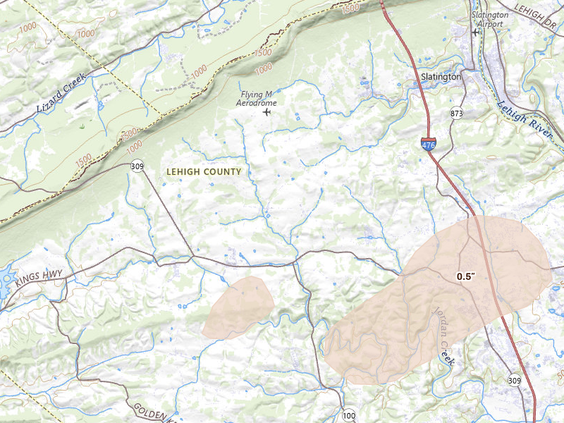 Radar-estimated hail-size map of the storm over Germansville, PA on Aug 7, 2026