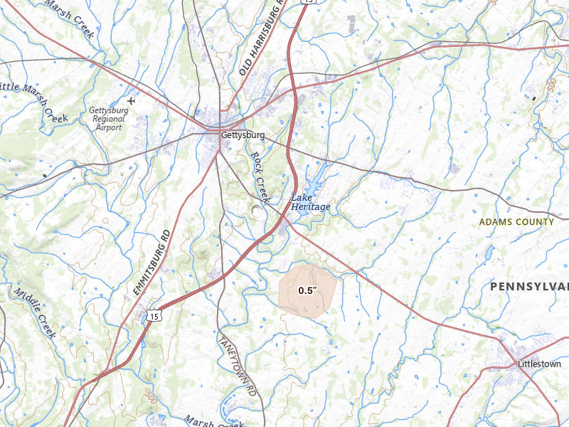 Radar-estimated hail-size map of the storm over Gettysburg, PA on May 20, 2026
