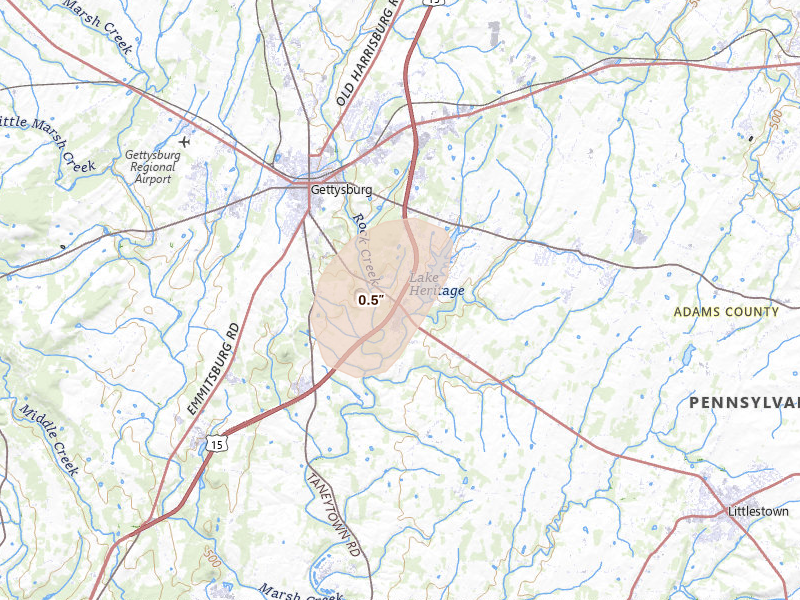 Radar-estimated hail-size map of the storm over Gettysburg, PA on Jul 5, 2026