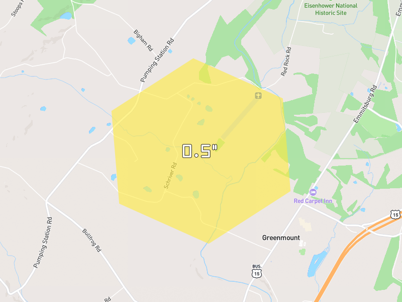Hail map of Gettysburg, PA on Jul 21, 2026, hail up to 0.5"