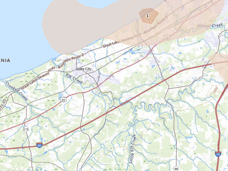 Radar-estimated hail-size map of the storm over Girard, PA on Jul 21, 2026