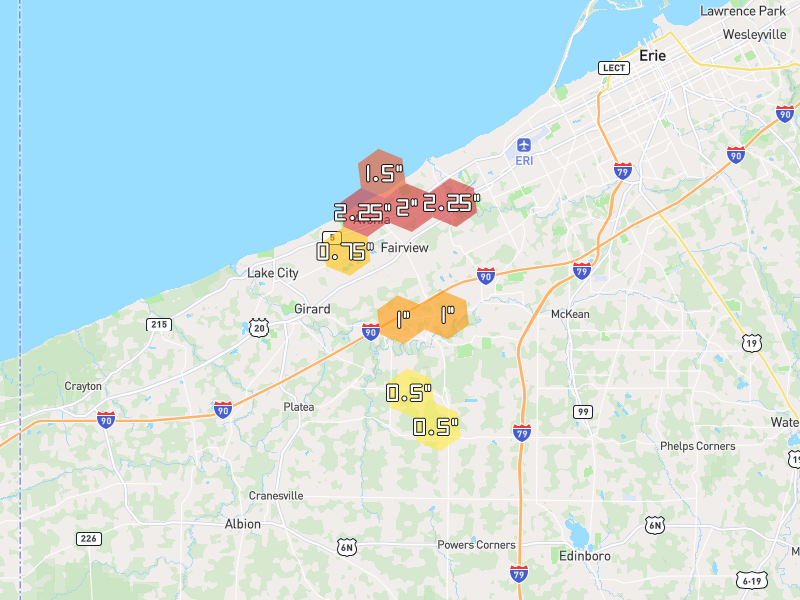 Hail map of Girard, PA on Jul 21, 2026, hail up to 2.25"