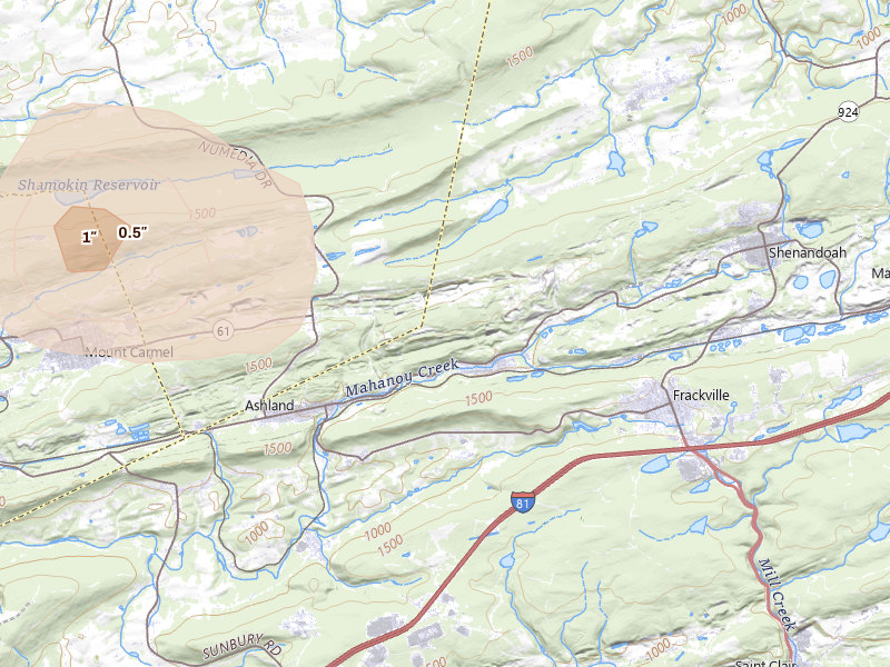 Radar-estimated hail-size map of the storm over Girardville, PA on Jul 3, 2026