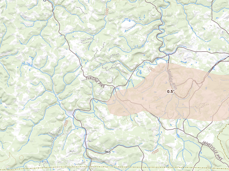 Radar-estimated hail-size map of the storm over Glen Hope, PA on Sep 2, 2026