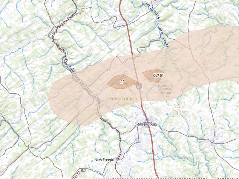 Radar-estimated hail-size map of the storm over Glen Rock, PA on Jun 14, 2026
