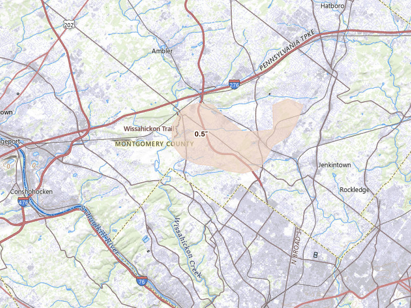 Radar-estimated hail-size map of the storm over Glenside, PA on May 20, 2026
