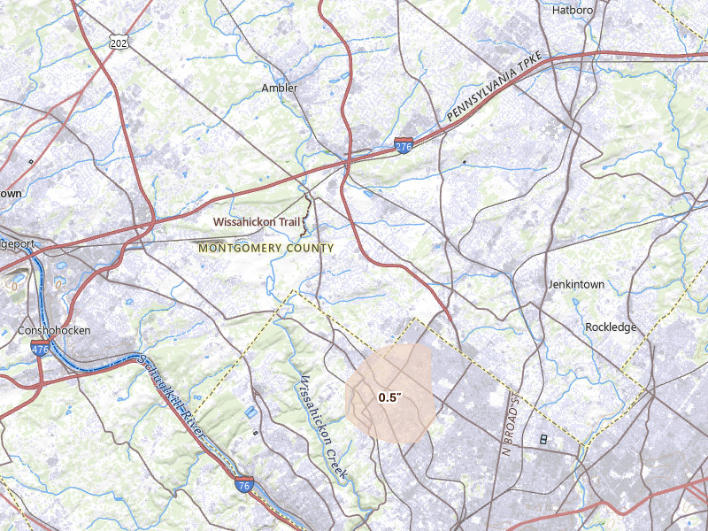Radar-estimated hail-size map of the storm over Glenside, PA on Jun 22, 2026