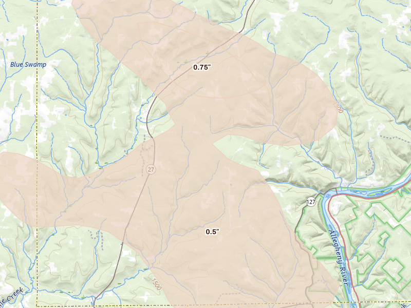 Radar-estimated hail-size map of the storm over Grand Valley, PA on Sep 1, 2026