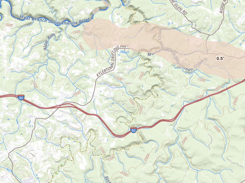 Radar-estimated hail-size map of the storm over Grassflat, PA on Aug 10, 2026