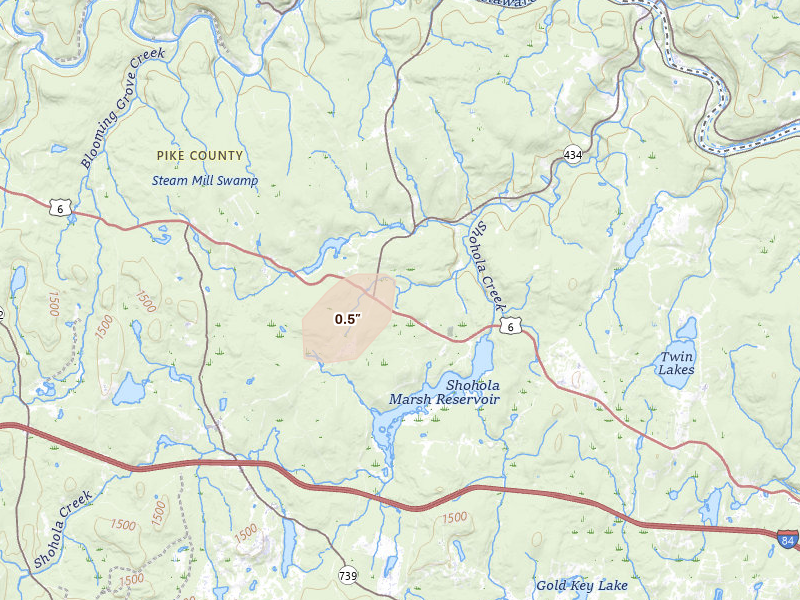 Radar-estimated hail-size map of the storm over Greeley, PA on Jul 27, 2026