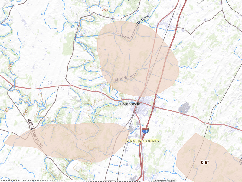 Radar-estimated hail-size map of the storm over Greencastle, PA on Jul 28, 2026