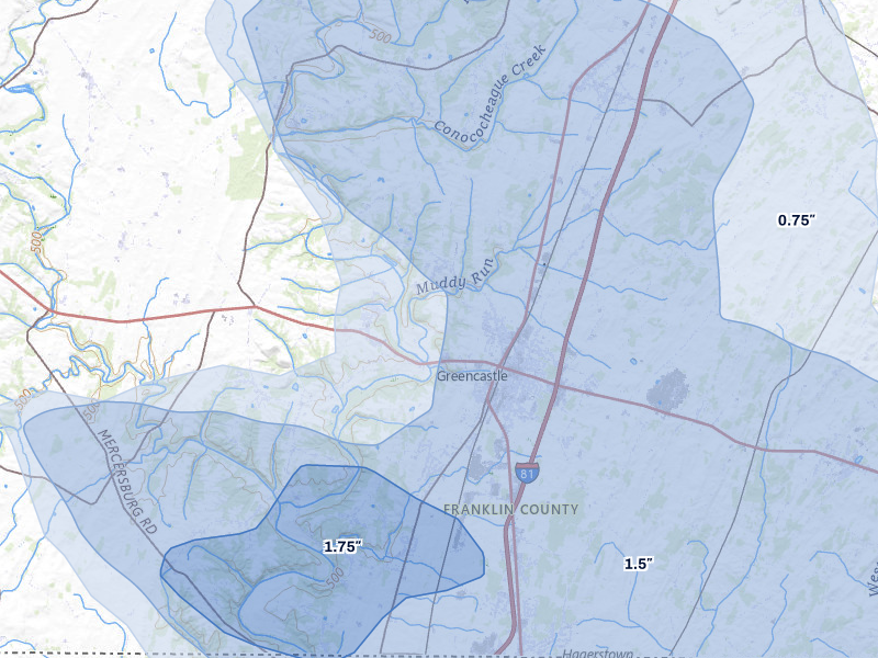 NEXRAD radar-signature map of the hail over Greencastle, PA