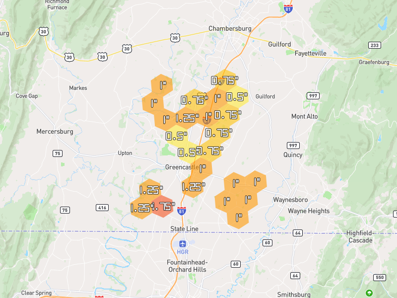 Hail map of Greencastle, PA on Jul 28, 2026, hail up to 1.75"